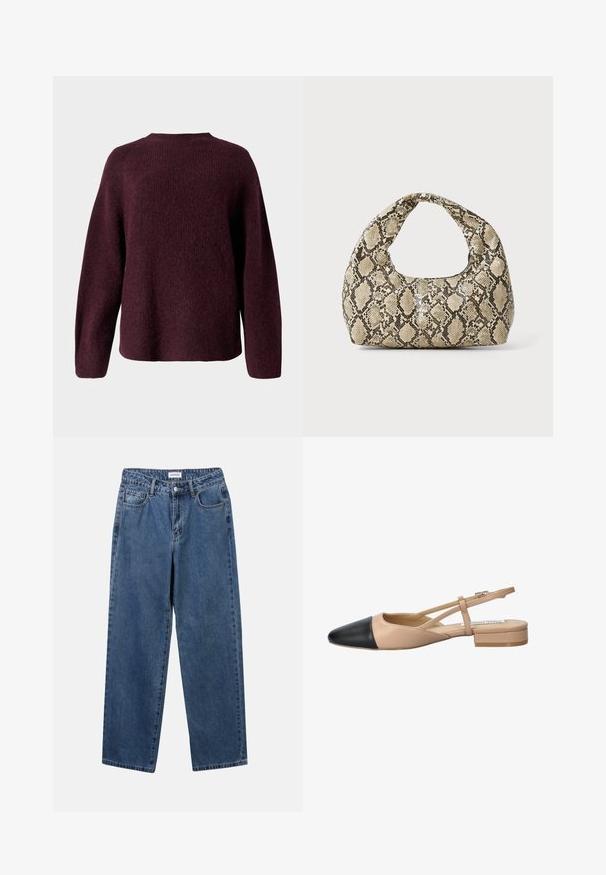 Burgundy knitted sweater featuring a round neckline, long sleeves, and a relaxed fit with a soft, textured finish.; Classic blue denim jeans with a straight-leg design, five pockets, and a button closure. Features a medium wash and sturdy texture.; Beige and black two-tone slingback shoe with a pointed toe, flat heel, and crisscross strap detail. Smooth leather texture.; Snake-print handbag with a curved handle. Made from textured, beige and brown materials, featuring a distinctive diamond pattern.