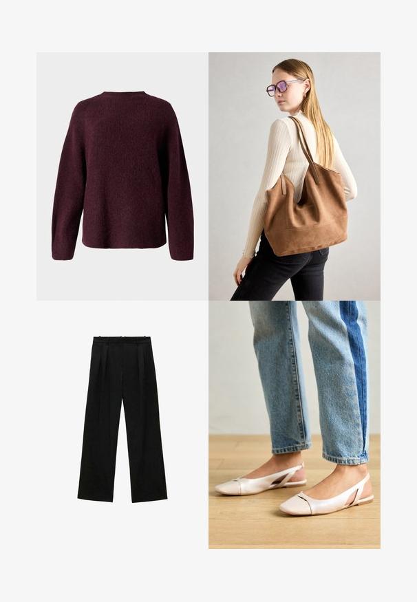 Burgundska pletena majica s okruglim izrezom, dugim rukavima i opuštenim krojem s mekanom, teksturiranom završnom obradom.; Crne široke hlače s plisama, s glatkom teksturom i visokim strukom. Minimalistički stil, bez vidljivih metalnih dijelova ili ukrasa.; Svijetlo ružičaste slingback balerinke s šiljastim vrhom, izrađene od glatkog materijala nalik koži. Sadrže izrezane detalje sa strane i ravnu petu.; Smeđa suede torba sa mekom teksturom, širokim otvorom i dugim trakama. Ima jednostavan dizajn s vidljivim šavovima i bez hardvera.