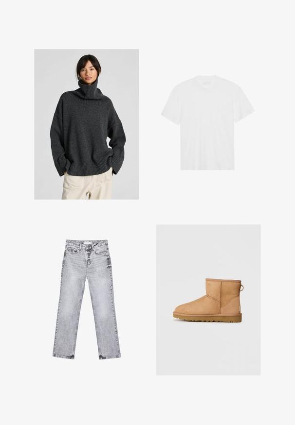 Maglione oversize grigio scuro con collo a lupetto e polsini a coste, realizzato in un morbido materiale a maglia, presenta spalle basse e una vestibilità rilassata.; T-shirt bianco in cotone con maniche corte, scollatura a girocollo e orlo dritto. Tessuto liscio, design minimalista senza motivi o dettagli.; Jeans in denim grigio con taglio dritto, dettagli sfilacciati, cinque tasche e rivetti in rame. La cintura presenta un'etichetta con il logo.; Stivali ankle in suede color tan con punta tonda, dettagli cuciti, linguetta sul retro e suola in gomma texture. Progettati per comfort e calore.