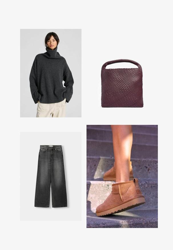 Oversized donkergrijze coltrui met een ribgebreide hals en manchetten, gemaakt van een zacht gebreid materiaal, met verlaagde schouders en een relaxte pasvorm.; Brede pijpen, high-waisted jeans in donkergrijze denim. Kenmerken zijn vijf zakken, metalen klinknagels en riemlussen. Glad textuur met een lichte vervaging.; Tamme suède enkelboots met een zachte textuur, gestikte details en een rubberen zool, met een lusvormige hak voor gemakkelijk aan- en uittrekken.; Geweven leren handtas in diep bordeauxrood, vierkante vorm met een afgeronde handgreep en een gestructureerd oppervlakpatroon. Minimalistisch ontwerp.