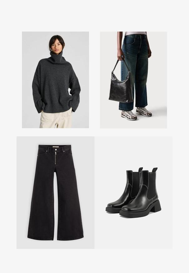 Pulover supradimensionat de culoare gri închis, cu guler camufat și manșete cu model canalat, realizat dintr-un material tricotat moale, având umeri lăsați și o croială lejeră.; Jeans cu picioare largi din denim negru, cu fermoar în față, design cu cinci buzunare și detalii subtile de cusătură. Textură netedă și stil casual.; Botine Chelsea din piele neagră, cu toc masiv, panouri laterale elastice și cusături albe contrastante. Finisaj texturat.; Geantă de umăr din piele neagră, cu o textură netedă și curea ajustabilă, asortată cu blugi evazați și adidași.