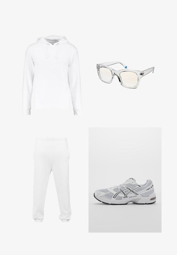 Haut à capuche blanc en matériau doux, comprenant une poche kangourou, des cordons au niveau du cou, et des poignets et un ourlet côtelés. Texture lisse.; Pantalon de survêtement blanc en tissu doux, avec une taille élastique, des poches latérales et des poignets élastiques aux chevilles.; Basket de sport en mesh blanc avec des accents gris, un design structuré, un système de laçage, un col rembourré et une semelle en caoutchouc pour l'adhérence.; Lunettes de soleil à monture transparente avec des verres légèrement teintés. Forme carrée, texture lisse et accent bleu sur les branches. Matériau léger et robuste.