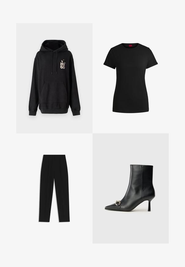 Felpa nera con cappuccio realizzata in tessuto morbido; presenta una tasca a marsupio, cappuccio con cordino e un logo "HUGO" bianco e grigio sul petto.; T-shirt in cotone nero con maniche corte arrotolate, scollatura rotonda e etichetta rossa. Texture liscia, forma aderente con dettagli minimi.; Pantaloni neri a taglio dritto, con doppie pieghe, una texture liscia e un design classico in vita. Nessun hardware o dettaglio visibile.; Stivale alla caviglia in pelle nera con punta affusolata, tacco sottile di media altezza e dettaglio in fibbia argentata sul lato, su sfondo semplice.