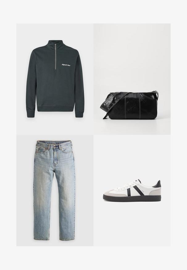 Tumehall sweathood, millel on kõrge krae ja pooltõmblukk. Vasakul rinnal on valge brodeeritud tekst "Originals Studio".; Heledad hele sinine teksapükste kõrge vöökoht, ees nupuga, lukuga ja viie taskuga disain, asetatud tasasele neutraalsele taustale.; Valged tossud mustade ja hallide aktsentidega, tekstureeritud halli varbakattega, musta kummitald ja lamedad valged paelad. Puhtad jooned, minimalistlik stiil.; Must mustra nahkainine õlakott, millel on tõmblukk, tekstureeritud pind, valged õmblused ja rihm hõbedaste rõngastega.