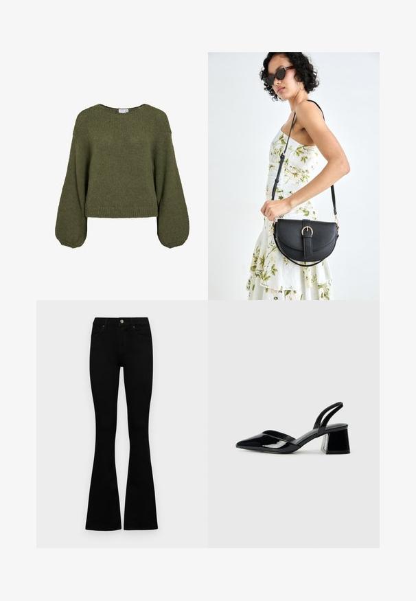 Olíva zöld, cropped pulóver, texturált kötött mintával. Hosszú, ballon ujjakkal és széles, kerek nyakkal rendelkezik.; Fekete, magas derekú farmernadrág gomb- és cipzárzárral, elülső zsebekkel és harangszárral, laposan egy fehér háttérre terítve.; Fekete lakk bőr szandálkés magas sarkú cipő, hegyes orral és geometrikus tömbsarkakkal. Karcsú, minimalista dizájn és sima textúra jellemzi.; Fekete bőrtáska ívelt formával, levehető pánttal és arany színű fémrészekkel. A táskán egy csattal díszített fedél található.