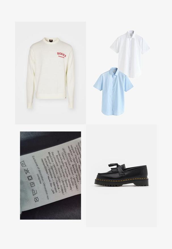 Cremefarbener gestrickter Pullover mit langen Ärmeln, rundem Hals und geripptem Saum. Verfügt über das rot gestickte "DICKIES"-Logo auf der Brust.; Zwei kurzärmelige Hemden: eines in Weiß und eines in Hellblau. Beide verfügen über eine knopfleiste, einen kragenförmigen Ausschnitt, glattes Baumwollgewebe und eine normale Passform.; Etikett mit mehrsprachigem Text, Pflegehinweisen und Recycling-Symbolen, auf einem weichen, textilähnlichen Material in heller Farbe gedruckt.; Schwarze Lederloafers mit einem fransenverzierten Akzent, ausgestattet mit einer robusten schwarzen Sohle und gelber Naht entlang der Kante. Texturierte Oberfläche.