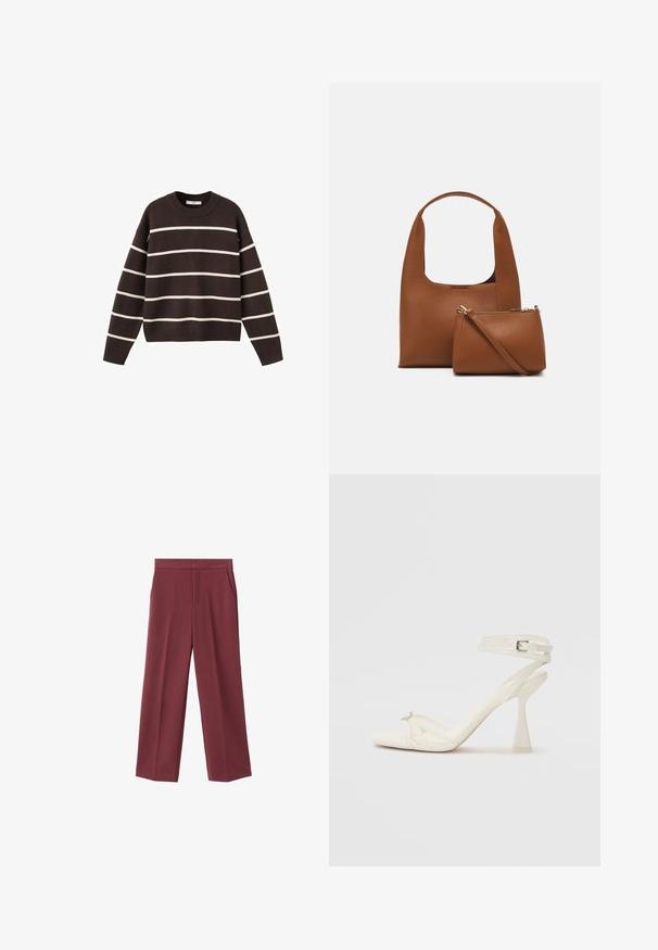 Smešani smeđi pulover s bijelim horizontalnim prugama, okruglim izrezom, dugim rukavima i rebrastim manžetama i rubom, izrađen od pletenog materijala.; Bordo široke hlače od glatkog materijala, s bočnim džepovima i visokim strukom. Krojene s urednim prednjim pregibom.; Bijela kožna sandala na visokom potpetici s trakama, elegantnog dizajna, s prozirnom blok potpeticom i dekorativnim elementom na prstima.; Smeđa sintetička torba s zakrivljenom ručkom i glatkom teksturom. Uključuje malu torbicu s patentnim zatvaračem u istom tonu. Minimalistički dizajn.
