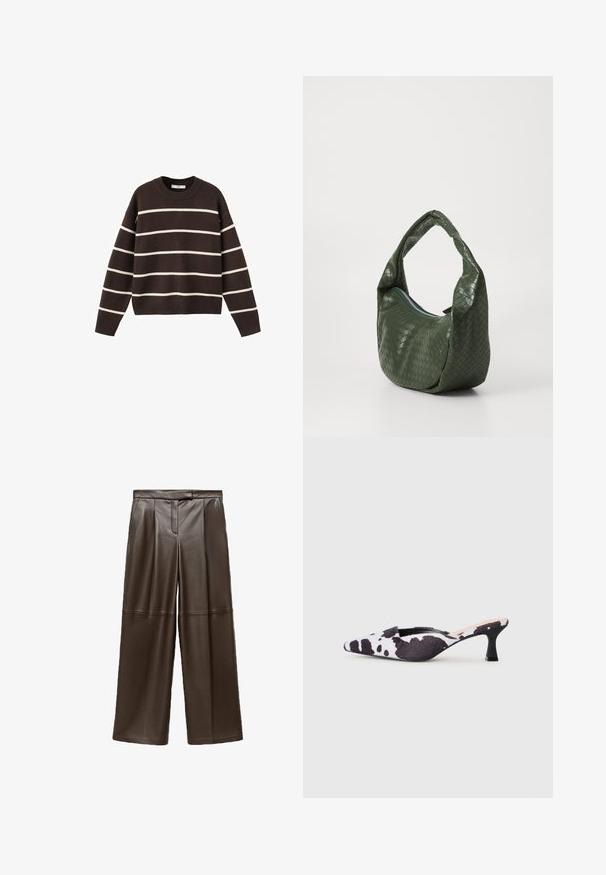 Brauner Pullover mit weißen horizontalen Streifen, rundem Ausschnitt, langen Ärmeln sowie gerippten Bündchen und Saum, aus Strickstoff.; Braune Leder-Hosen mit weitem Bein in glatter Textur, die an der Vorderseite Falten und ein klassisches Taillenbund-Design aufweisen.; Schwarze und weiße Slingback-High Heels mit spitzem Schuhdesign im Kuhfellmuster. Obermaterial aus Stoff mit strukturierter Oberfläche und schmalem schwarzen Absatz.; Grüne geflochtene Ledertasche mit einem geschwungenen Griff und Reißverschluss. Verfügt über eine strukturierte, gemusterte Oberfläche und eine weiche, lässige Form.
