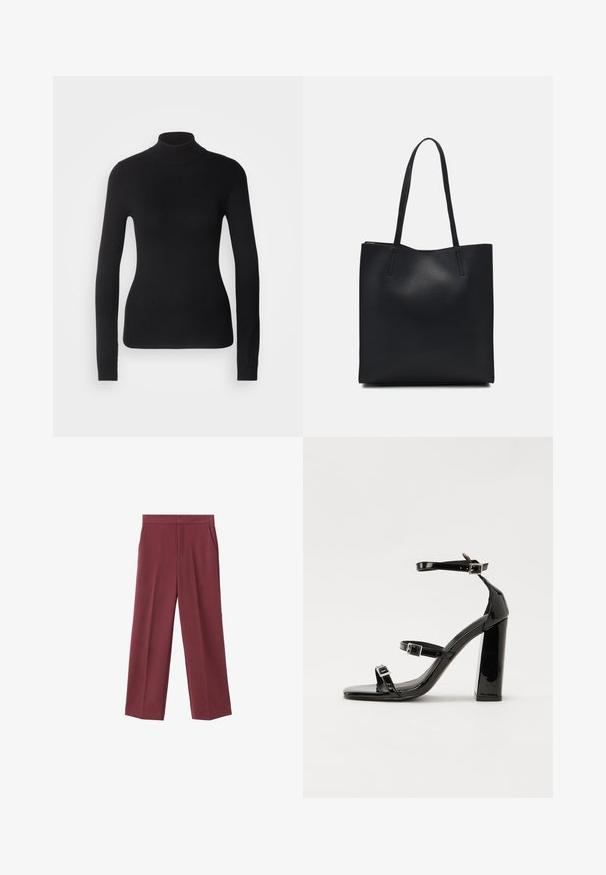 Schwarzer Rollkragenpullover aus leichtem Strickgewebe. Mit langen Ärmeln, taillierter Passform und weichem Ripptextil.; Weinrote Hose mit weitem Bein aus glattem Material, ausgestattet mit seitlichen Taschen und einem hohen Taillendesign. Mit einem klaren vorderen Bügel gefaltet.; Schwarze patentierte Sandalen mit Absatz, quadratischer Spitze, Knöchelriemen und silbernen Schnallen. Mit einem stabilen Blockabsatz für mehr Stabilität.; Schwarze Laptoptasche aus Leder mit glatter Textur, rechteckiger Form und zwei langen Griffen. Keine sichtbaren Beschläge oder Verzierungen.