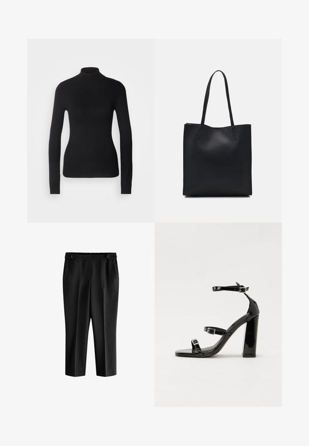 Svart polotröja i lättstickat tyg. Har långa ärmar, en figurnära design och en mjuk ribbad textur.; Svarta korta byxor med en avslappnad passform, elastisk midja och två framfickor. Tyget har en slät textur med en något glänsande yta.; Svarta lackerade högklackade sandaler med två spännband, fyrkantig tå och en tjock klack, med en slät och glansig yta.; Svart lädertoffelväska med slät textur, rektangulär form och två långa handtag. Ingen synlig hårdvara eller dekorationer.
