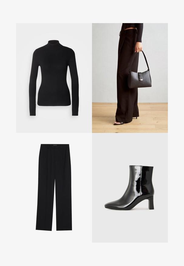 Fekete garbó pulóver könnyű kötött anyagból. Hosszú ujjú, testhezálló fazonnal és puha bordás textúrával rendelkezik.; Fekete nadrág egyenes szárú kialakítással, két első zsebbel és derékrésszel. Simának és könnyű anyagból készült.; Fekete lakk bőrcipő bokáig érő, hegyes orral és közepes magasságú tömbsarokkal. Simább textúrával és minimalista dizájnnal rendelkezik.; Fekete kézi táska strukturált formával, sima textúrával és fémből készült záródással. Széles fekete nadrággal és nyitott orrú szandállal párosítva, fából készült padlón.