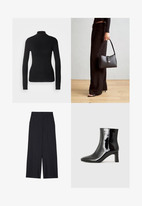 Juodas magas suknelė pagaminta iš lengvo mezgimo audinio. Turi ilgomis rankovėmis, prigludusį dizainą ir minkštą raukšlėtą tekstūrą.; Platus kojas kelnes tamsiai mėlynos spalvos audiniu, pasižyminčiu lygiu paviršiumi, su priekine kloste ir dekoratyviais auksinės spalvos žiedais šonuose esančiose kišenėse.; Juodos lakuotos odinės aulinukės su smailiu pirštu ir vidutinio aukščio blokuotu kulnu. Lygus paviršius ir minimalistinis dizainas.; Juodas rankinė struktūrizuota forma, lygi tekstūra ir metalinis užsegimas. Suporuota su plačiomis juodomis kelnėmis ir atvirais bateliais ant medinių grindų.