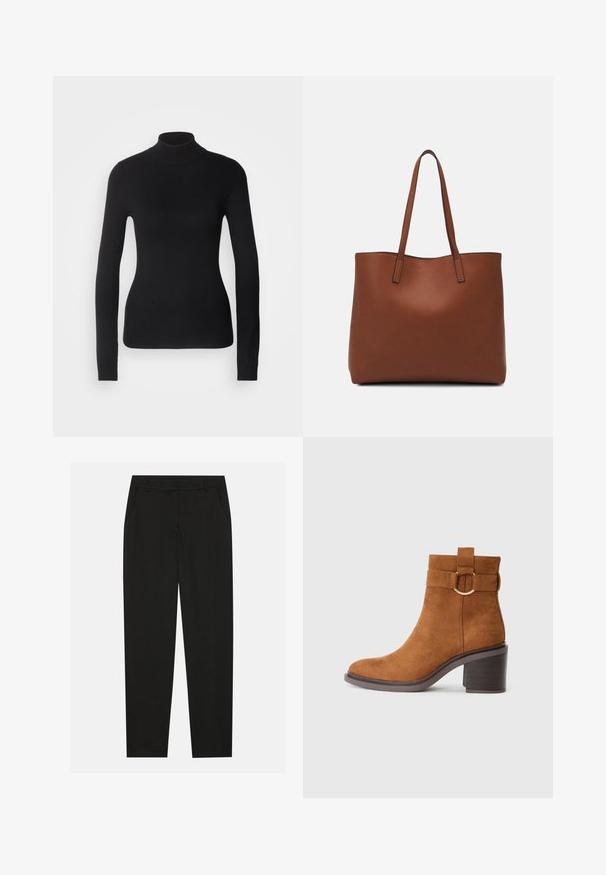 Schwarzer Rollkragenpullover aus leichtem Strickgewebe. Mit langen Ärmeln, taillierter Passform und weichem Ripptextil.; Schwarze Hosen mit taillierter Passform, ausgestattet mit seitlichen Taschen und geradem Bein. Hergestellt aus glattem, leichtem Stoff mit einem eleganten Finish.; Braune Wildleder-Ankle-Boots mit abgerundetem Zehenbereich, Blockabsatz und einem dekorativen Riemen mit einer runden Schnallendetail.; Braune Leder-Tote mit glatter Textur, offenem Oberteil und zwei Schulterriemen. Verfügt über minimale Nähte und keine sichtbaren Beschläge.