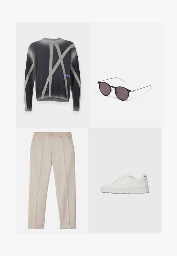 Szürke pulóver, amelyen geometrikus világosszürke minták találhatók, bordás mandzsetták és szegély, valamint egy kisméretű kék logós címke a bal alsó oldalon.; Filippa K TERRY CROPPED TROUSERS - Nadrágok - sage melange; Fehér bőr sportcipő sima felülettel, kerek orral, lapos fűzőkkel és texturált talppal. Finom logó található a sarokon.; Fekete kerek napszemüveg sötét lencsékkel és karcsú fém szárakkal. Átlátszó szárvégeket és ezüst részleteket tartalmaz az ívnél. Minimalista dizájn.