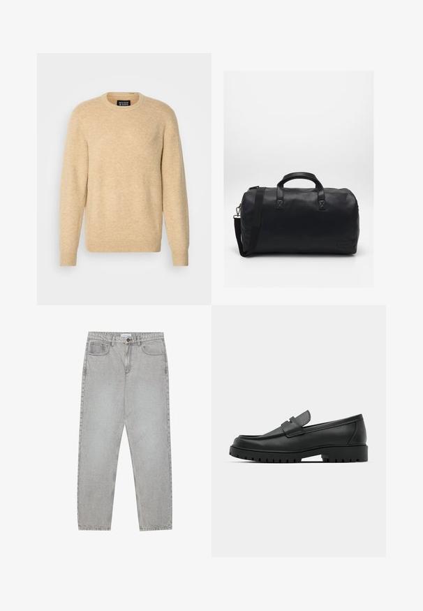Beige pullover sweater made from soft material, featuring a round neckline, long sleeves, and ribbed cuffs and hem.; Light grey denim pants with a straight-leg design, five-pocket styling, and a button closure. Visible stitching along the seams.; Black leather loafers with a rounded toe, featuring a stitched design, low platform sole, and a textured, lugged rubber outsole.; Black duffel bag made of textured synthetic material. Features two handles and an adjustable shoulder strap. Simple design with no visible patterns.