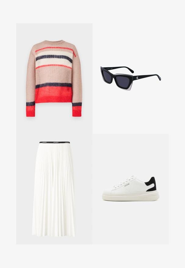 Strikkegenser med løs passform og striper i rødt, marineblått, kremfarget og beige. Teksturert stoff med ribbestrikket hals og nederkant.; Plissert hvit skjørt med en svart elastisk midje som har "LACOSTE"-logoen. Midjelengde design med myk tekstur.; Hvite lær sneakers med tykk hvit såle, svart semsket hælforsterkning og preget logo på siden. Snøresystem med seks hull.; Store svarte solbriller i overdimensjonert størrelse med geometrisk form, med mørke linser og en kontrasterende grå detalj på rammen. Logo på armen.