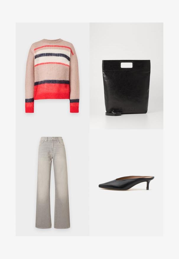 Knit sweater featuring a loose fit with stripes in red, navy, cream, and beige. Textured fabric with a ribbed neckline and hem.; Gray wide-leg jeans with a faded finish, button closure, five-pocket design, and stitched detailing along the seams.; Black leather mules with a pointed toe and low, block heel. Smooth texture with a sleek design. Open back with minimal detailing.; Black leather tote bag with a square handle, featuring a textured finish and embossed logo. Includes a detachable strap.