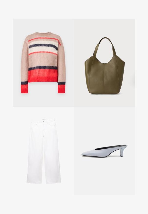 Pull en tricot à coupe ample, orné de rayures rouge, marine, crème et beige. Tissu texturé avec un col et un ourlet côtelés.; Jeans blancs à jambe large en denim avec une texture lisse. Caractéristiques : fermeture à bouton et à glissière, avec deux poches avant et deux poches arrière.; Mule en cuir verni bleu clair avec un orteil pointu, un petit talon transparent et un design épuré mettant en valeur une découpe au cou-de-pied.; Sac fourre-tout en cuir vert olive avec double poignée, texture lisse et design à quatre panneaux. Coutures renforcées le long des joints pour plus de durabilité.