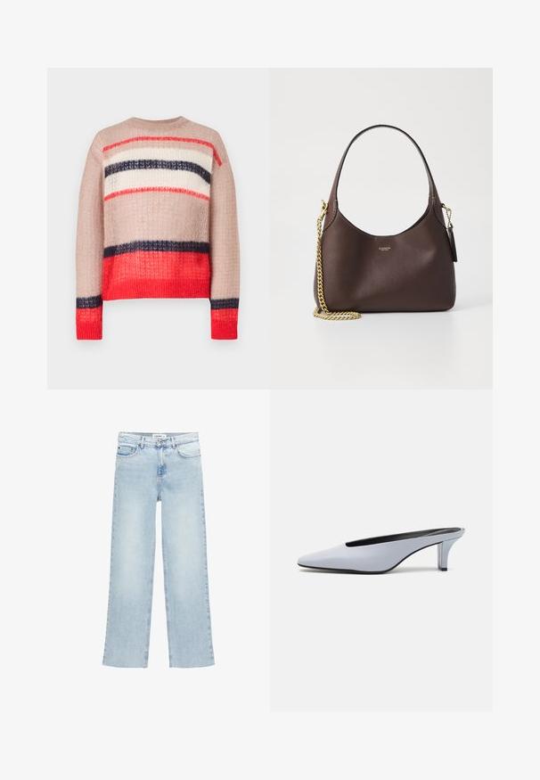 Pull en tricot à coupe ample, orné de rayures rouge, marine, crème et beige. Tissu texturé avec un col et un ourlet côtelés.; Jean large bleu clair en denim avec taille haute, cinq poches et fermeture à boutons. Présente des détails de couture minimalistes.; Mule en cuir verni bleu clair avec un orteil pointu, un petit talon transparent et un design épuré mettant en valeur une découpe au cou-de-pied.; COACH BROOKLYN SHOULDER BAG 23 - Sac à main - maple
