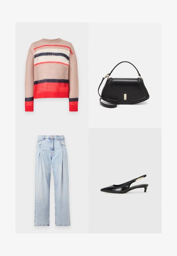 Gebreide trui met een losse pasvorm en strepen in rood, marineblauw, roomwit en beige. Gestructureerde stof met een ribbelkraag en -zoom.; Lichtblauwe denim jeans met een hoge taille, wijde pijpen, twee zijzakken en geplooid ontwerp. Zachte textuur met een vervaagd uiterlijk.; Zwarte leren slingback hakken met een spitse neus, voorzien van een slanke hak en een goudkleurige accent op de verstelbare band. Gladde textuur.; Zwarte leren handtas met een gestructureerd ontwerp, featuring een verkorte vorm, bovenhandvat en gouden hardwareaccent. Inclusief verstelbare schouderband.