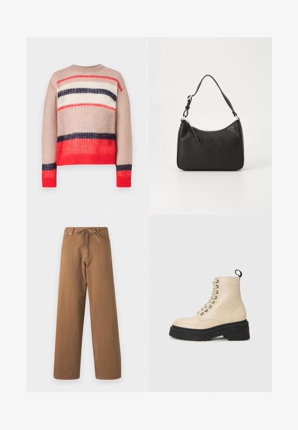 Kötött pulóver, laza szabással, piros, tengerészkék, krém és bézs csíkokkal. Texturált anyag ribbelt nyakkivágással és aljjal.; Barna, bő szárú nadrág, pamutból készült, combrészes derékkal és két elülső zsebbel. Texturált anyag, sima felülettel.; Beige bokacsizmák vastag fekete talppal és fémlyukakkal ellátott fűzéssel, hátul húzófüllel és oldalt logóval.; Fekete bőrtáska ívelt formával, egyetlen pánttal, cipzáras záródással és diszkrét logóval az elején. Simább textúra, minimalista dizájn.