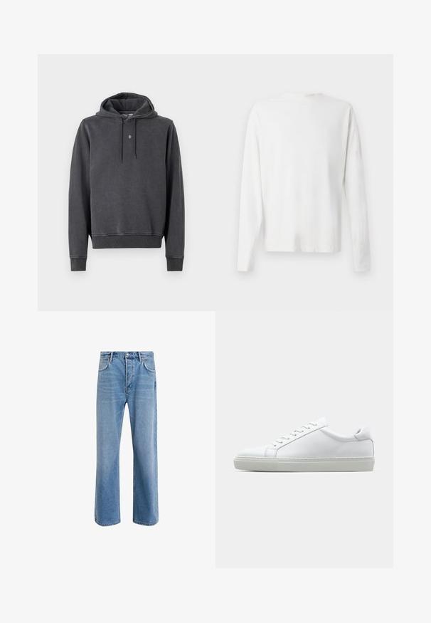 Mikina s kapucí v tmavě šedé barvě, vyrobená z měkké bavlněné směsi. Obsahuje klokaní kapsu, žebrované manžety a malé logo na hrudi.; Bílá bavlněná košile s dlouhým rukávem a kulatým výstřihem, s bočními rozparky na spodní části a hladkým povrchem, vystavená zezadu.; Světle modré džínové kalhoty s rovnými nohavicemi, pěti kapsami, zapínáním na knoflík, minimálním vyblednutím a kontrastním prošitím.; Bílé tenisky s hladkým koženým svrškem a nízkým profilem. Mají zaoblenou špičku, šest nýtů a texturovanou gumovou podrážku.