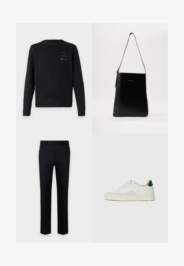 Svart sweatshirt gjord av mjukt tyg, med rundad halsringning, ribbade muddnerkar och dekorativt flerfärgat broderat text på bröstet.; Svarta byxor i slät tyg, med rak benstil, veck framtill och bältesslingor i midjan. Inga synliga mönster eller detaljer.; Vit sneaker med mockadetaljer, rund tå, platta snören och en krämfärgad gummisula. Har grön branding på hälen.; Svart läderaxelväska med en slät textur, rektangulär form och en lång rem; har en liten vit logotyp i mitten.