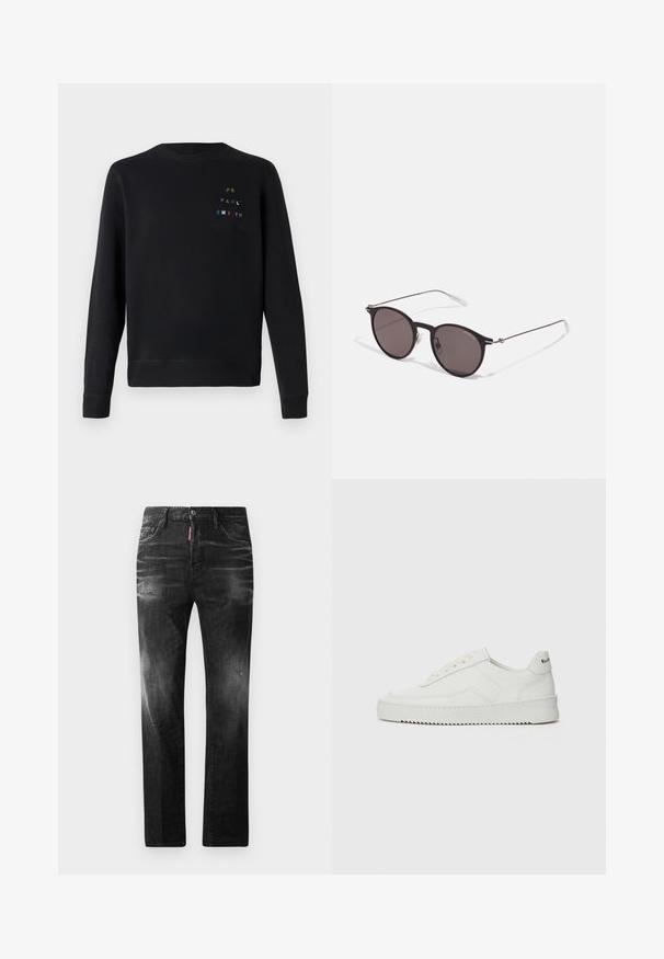 Svart sweatshirt gjord av mjukt tyg, med rundad halsringning, ribbade muddnerkar och dekorativt flerfärgat broderat text på bröstet.; Svarta denimjeans med rak passform. Har blekta områden, mindre slitningar, klassisk femficksdesign och knäppning med knapp.; Vita lädersneakers med en jämn yta, rund tå, platta snörningar och en strukturerad sula. Har en diskret logotyp på hälen.; Svarta runda solglasögon med mörka linser och smala metallarmar. Inkluderar klara tempeltips och silverdetaljer vid gångjärnet. Minimalistisk design.