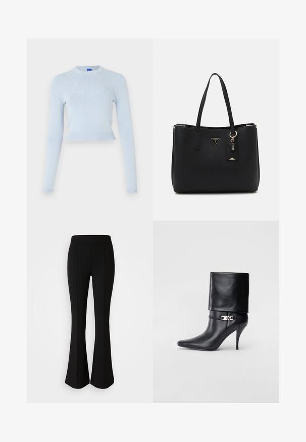 Svetlo modri skrajšani pulover z dolgimi rokavi. Ima rebrast izrez in rob, z blagim teksturiranim logotipom spredaj.; Črne razširjene hlače iz raztegljivega materiala z gladko teksturo, ki imajo šive spredaj za dodatno oblikovanje.; Črne usnjene gležnjarje z ostrim nosom, visokim stiletto peto, zavihanim robom in zlatim okrasnim zaponko na gležnju.; Črna torba iz teksturiranega sintetičnega materiala, opremljena z dvema ročajoma, z zlatim logotipom in majhno oznako z detajlom v kontrastni barvi.