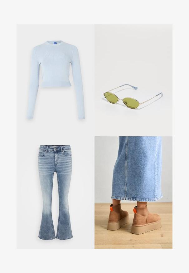 Ljusblå kortärmad tröja med långa ärmar. Har en ribbad halsringning och nederkant, med en subtil texturerad logotyp över framsidan.; Ljusblå utsvängda jeans gjorda av denim, med en klassisk femficksdesign, frontdragkedjestängning och subtil blekningen längs låren.; Bruna mockakängor med plattform och elastiska sidopaneler samt orange dragflikar, till kombinerade med en knälång ljus denimkjol på ett trägolv.; Olivgröna solglasögon med en tunn guldram och blåaccentuerade skalmar. Ovala linser och minimalistisk design.