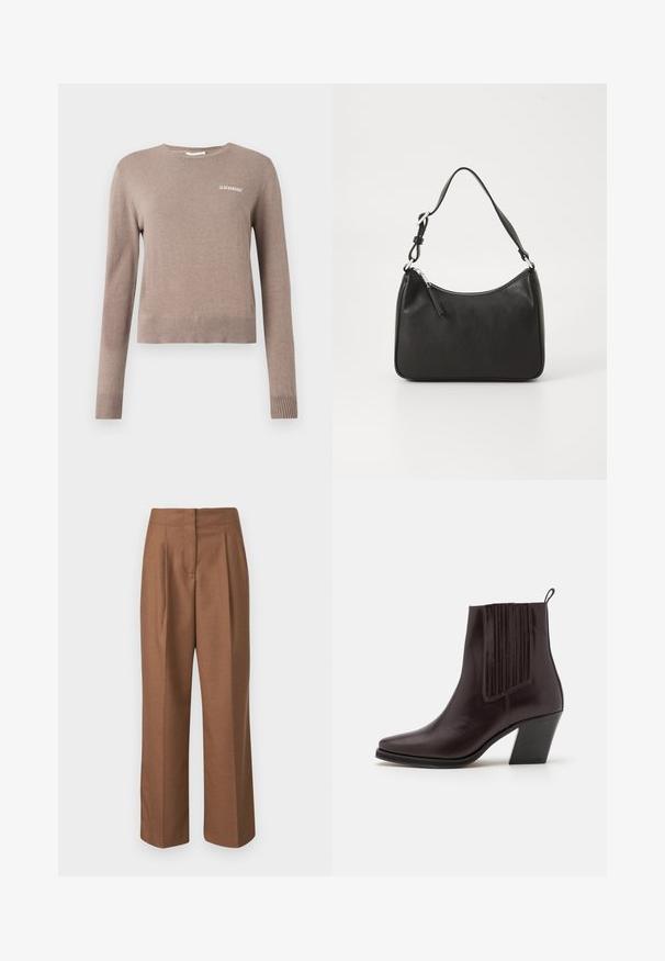 Beež kootud sviiter, millel on pikad varrukad, ümmargune kaelus ja soonilised mansetid. Ees on väike valge tikand "2ND DAY".; Pruunid kohandatud püksid kõrge vöökohaga, laiad sääred, ees olevate voldikute ja sujuva tekstuuriga. Ilma nähtavate taskute või kaunistusteta.; Tumedat pruunid nahast pahkluu saapad terava ninaga, külgedel vertikaalsed sooned ja keskmise kõrgusega plokkninaga.; Must musta käekott, millel on kumer kuju, üks rihm, lukuga sulgemine ja peen brändimine esiküljel. Sile tekstuur, minimalistlik disain.