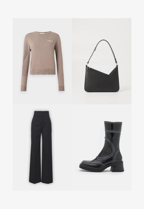 Bežani pleteni pulover dugih rukava, okruglog izreza i rebrastim manžetama. Ima mali bijeli vez "2ND DAY" sprijeda.; Hlače širokih nogavica od crnog materijala s visokim strukom, s čistim završetkom i glatkom teksturom. Bez vidljivog hardvera ili uzoraka.; Crne lakirane gležnjače s bijelim šavovima, zaobljenim vrhom i blok petom. Imaju zakrivljene dizajnerske linije i glatku teksturu.; Crna kožna torba u obliku trokuta, s tankim remenom i srebrnim detaljima. Ima zatvaranje na patentni zatvarač i utisnutu oznaku na prednjoj strani.