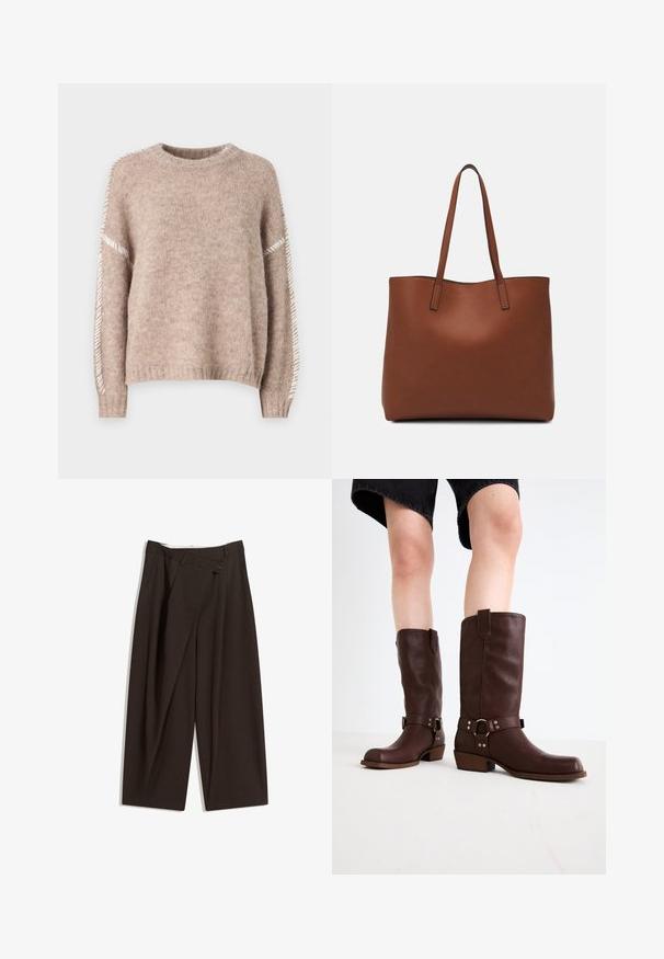 JDY JDYZOEY LIFE ON STITCH NOOS - Trui - chateau gray; Donkere bruin wijde broek met een hoge taille, voorzien van een enkele knoopsluiting en een geplooide voorkant. Gemaakt van lichtgewicht stof.; Bruine leren kniehoge laarzen met een ronde neus, gestructureerd oppervlak, enkelriem en zilveren hardware-detail; opgestapelde hak.; Bruine leren tote bag met een gladde textuur, een ontwerp met een open bovenkant en twee schouderbanden. Kenmerkt zich door minimale stiksels en geen zichtbare hardware.