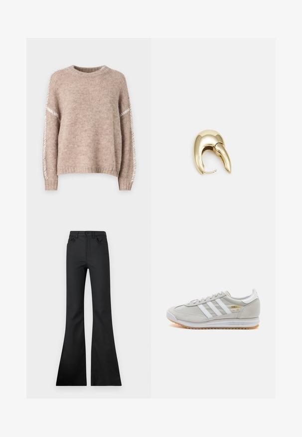 JDY JDYZOEY LIFE ON STITCH NOOS - Jumper - chateau gray; Black flared jeans with a mid-rise waist, made from smooth fabric. Features five pockets and visible stitching details.; Light grey sneaker made of suede and mesh, featuring three white stripes, round toe, and a gum rubber sole. Gold logo accent near laces.; Gold-tone metal earring with a sleek, curved design. Features a distinctive pointed shape, polished surface, and hinge closure.