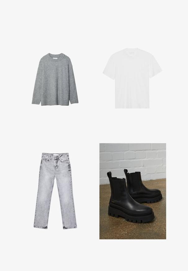 Maglione grigio lavorato a maglia con scollatura rotonda, spalle abbassate e polsini a costine. Texture morbida e design ampio. Senza fantasie né accenti.; T-shirt bianco in cotone con maniche corte, scollatura a girocollo e orlo dritto. Tessuto liscio, design minimalista senza motivi o dettagli.; Jeans in denim grigio con taglio dritto, dettagli sfilacciati, cinque tasche e rivetti in rame. La cintura presenta un'etichetta con il logo.; Stivaletti neri in pelle con pannelli laterali elastici, suole in piuma nera spessa e dettagli di cucitura, dotati di una linguetta per una facile calzata.