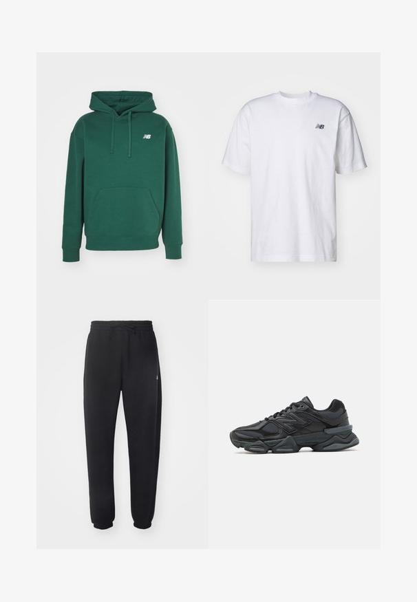 Zielona bluza z kapturem, wykonana z mieszanki bawełny. Posiada przednią kieszeń kangurkę, kaptur ze sznurkiem oraz małe białe logo na lewej piersi.; Biała, krótka koszulka z okrągłym dekoltem z krótkim rękawem z małym czarnym logo New Balance na lewej piersi na jednolitym tle.; Czarne dresy wykonane z miękkiego materiału, z elastycznym pasem, sznurkiem i zwężanymi mankietami, z subtelnym logo po boku.; Czarne buty biegowe z mieszanką siateczki i materiałów syntetycznych, masywną podeszwą, opływowym kształtem oraz wyraźnym brandingiem z boku.