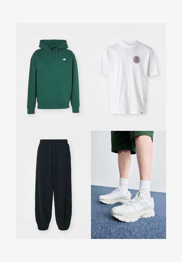 Sudadera verde de mezcla de algodón. Cuenta con un bolsillo tipo canguro en la parte delantera, capucha con cordón y un pequeño logo blanco en el lado izquierdo del pecho.; Camiseta de algodón blanca con un logo redondo en el pecho. Cuello redondo, mangas cortas, corte relajado, con acentos en rojo y negro.; Pantalones de chándal negros con cintura elástica, de corte holgado, con puños en los tobillos, textura suave y sin patrones visibles ni acentos metálicos.; Zapatillas deportivas blancas con superposiciones texturizadas, una suela gruesa y acentos grises. Llevadas con calcetines blancos hasta la pantorrilla y pantalones cortos verdes sobre una superficie azul.