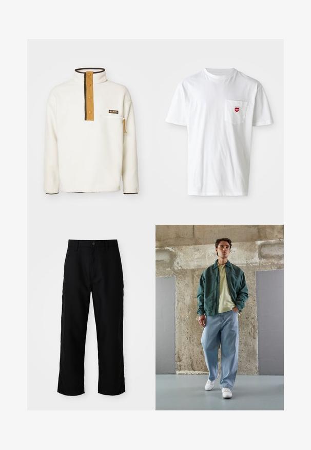 Columbia HELVETIA HALF SNAP - Fliisdžemper - chalk; Valge puuvillane T-särk ümmarguse kaelusega ja lühikeste varrukatega. Vasakul rindkere taskul on väike punane südamelogo.; Mustad sirgedega püksid, millega on kaasas vööloopid, eesnupu ja tõmbluku sulgemisega, heledal neutraalsel taustal.; Roheline bomber jaki kerge kollase polo peal, koos laia sinise teksapükste ja valgete tossudega. Siledad kangad, mugav istuvus, minimaalne riistvara.