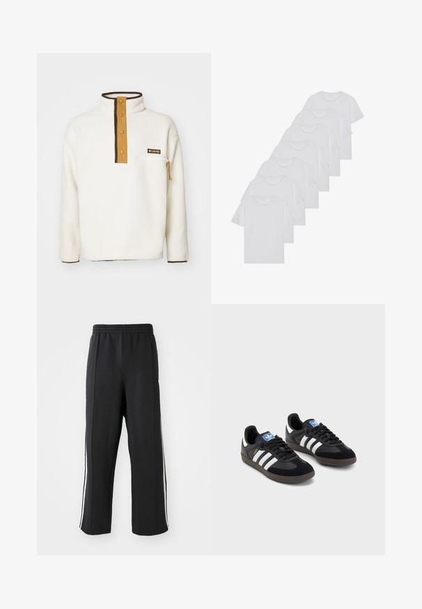 Columbia HELVETIA HALF SNAP - Fleecová mikina - chalk; Bílé bavlněné trička s krátkým rukávem, design s kulatým výstřihem, jednobarevná textura, naskládána do řady, s jemným brandingem na výstřihu.; Černé tepláky s elastickým pasem, se štíhlými bílými pruhy po stranách a volným střihem. Vyrobené z měkké, elastické tkaniny.; Černé tenisky s vrškem z semiše a syntetického materiálu, s třemi bílými pruhy, texturovanou gumovou podrážkou a modrou nášivkou loga na jazyku.