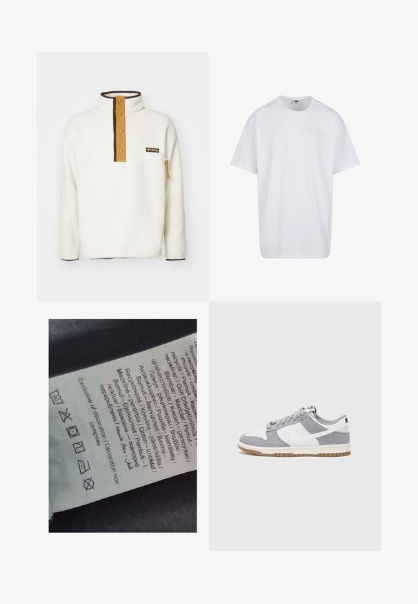 Columbia HELVETIA HALF SNAP  - Felpa in pile - chalk; Maglietta bianca in cotone con maniche corte, scollatura rotonda, vestibilità comoda e senza loghi o motivi visibili. Texture liscia e design minimale.; Etichetta con testo multilingue, simboli di cura e icone di riciclo, stampata su un materiale morbido simile a stoffa di colore chiaro.; Sneaker grigia e bianca con tomaia in suede e pelle, punta arrotondata, lacci piatti e soletta in gomma con un accento color caramello.