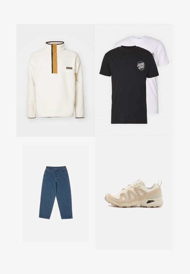 Columbia HELVETIA HALF SNAP  - Suéter de forro polar - chalk; Pack de dos camisetas: una negra y una blanca. Ambas presentan mangas cortas y un logo circular en el pecho en un color contrastante. Material de algodón.; Vaqueros de denim azul con un corte relajado, cintura alta, diseño de cinco bolsillos y acentos de costura. Cuenta con un cierre de botón y cremallera.; Zapatilla deportiva beige y crema con parte superior de malla texturizada, superposiciones de soporte y suela de goma con un patrón de tracción.