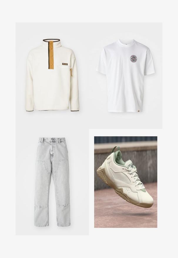Columbia HELVETIA HALF SNAP - Fliisdžemper - chalk; Valge puuvillane T-särk ümmarguse logoga rinnakul. Ümar kaelus, lühikesed varrukad, mugav lõige, millel on punased ja mustad detailid.; Heledad hallid denimpüksid, millel on avar lõige, suured küljetaskud, nähtavad õmblused ja sirge säärekujundus. Vööloopide koht puusal.; Valgete ja beezide Air Jordan tennisetega, millel on kangast paneelid, paelad ja "Flight" tekst keelel, riputatud roosa betoonpinna kohal.