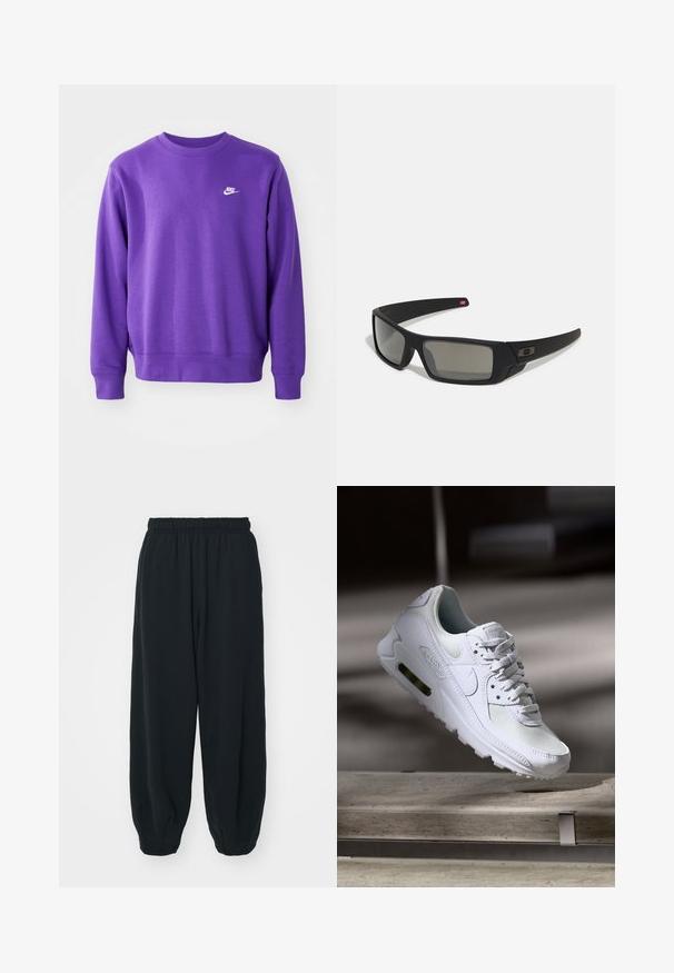 Lilla Nike genser med klassisk rund hals, ribbede mansjetter og nederkant, med en liten hvit logo på brystet. Myk, teksturert stoff.; Sorte, joggebukser med elastisk liv, løs passform, mansjetter på ankler, glatt tekstur og uten synlige mønstre eller hardware-detaljer.; Hvit Nike Air Max 90 sneakers med øvre del laget av mesh og skinn, perforert tåboks og en synlig luftenhet i hælen.; Sorte solbriller med mat finish, rektangulære linser, lett kurv på brillestengene, diskret logo detaljer, og røyktinted linser.