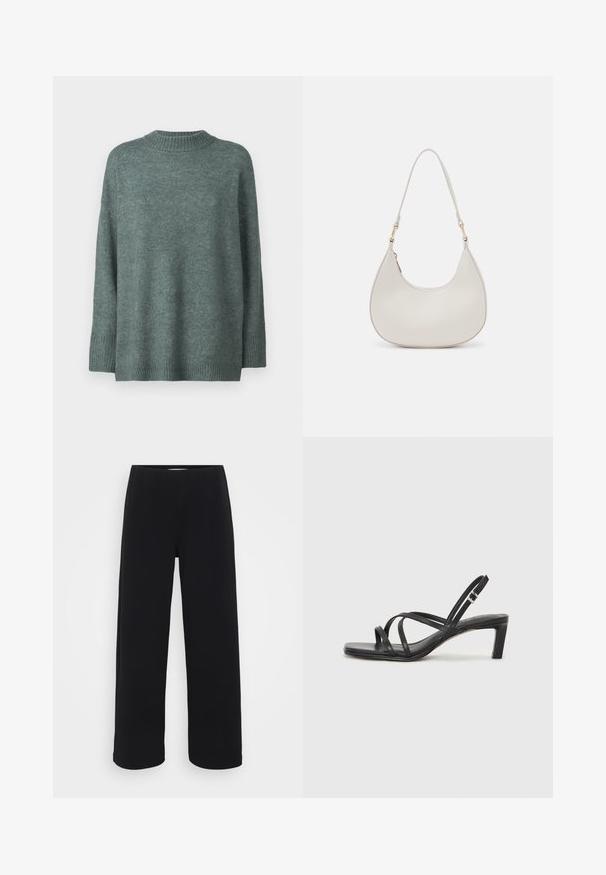 Roheline kootud sviiter ümmarguse kaelusega, langenud õlgadega ning ribatud varruka- ja alläärega. Pehme tekstuur ja lõtv istuvus.; Mustad laiad püksid elastse vöökohtaga. Valmistatud tekstuurilisest materjalist, millel on lõtv istuvus ja sirge lõige puusadest heleni.; Mustast rihmajalatsid ruudukujulise varba ja madala ploki kontsaga. Omab mitmeid õhukesi rihmasid ja reguleeritavat pahkluu rihma. Valmistatud siledast nahast.; Kreemi nahast õlavarre kott, millel on poolkuu kuju, peen rihm ja diskreetne õmblusdetail. Minimalistlik disain kuldse tooni metallosadega.