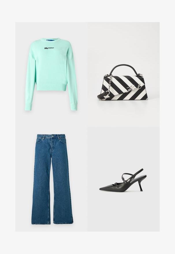 Karl Lagerfeld Jeans LOGO - Jersey de punto - torquoise; Jeans de mezclilla azul de pernera ancha con un diseño clásico de cinco bolsillos, que cuentan con un cierre frontal de botón y cremallera, y una sutil textura deslavada.; Tacones slingback de cuero negro con punta afilada, tacón delgado y detalle decorativo de hebilla en la parte superior. Textura suave y diseño elegante.; Bolso de mano a rayas en blanco y negro con una forma estructurada, que cuenta con un asa superior, una correa de cadena desmontable y un acento de logo metálico.