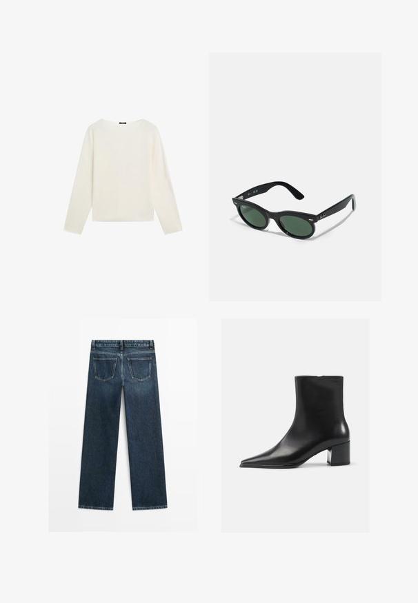 Długi rękaw, gładki biały sweter z okrągłym dekoltem i prostym dołem, wyeksponowany na białym tle.; Granatowe dżinsy o prostym kroju, z dwoma tylnymi kieszeniami i widocznym ściegiem wzdłuż szwów i brzegów.; Czarne skórzane botki za kostkę z wydłużonym noskiem, gładką fakturą i średnim obcasem w kształcie słupka. Minimalistyczny design, zamek błyskawiczny z tyłu.; Czarne okulary przeciwsłoneczne z zielonymi soczewkami, okrągły kształt, plastikowa rama, subtelne srebrne akcenty i gładka powierzchnia. Logo marki na ramieniu.