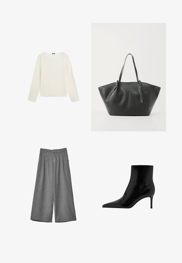 Bílý svetr s dlouhým rukávem, kulatým výstřihem a rovnými lemy, vystavený na bílém pozadí.; Šedé široké zkrácené kalhoty s poutky na opasek, bočními kapsami a předními záhyby, vyrobené z měkké tkaniny.; Černá kotníková bota s špičatou špičkou, vyrobená z lesklé kůže. Disponuje stiletto podpatkem a hladkým povrchem. Žádné viditelné ozdoby.; Vero Moda VMDITTA - Velká kabelka - black