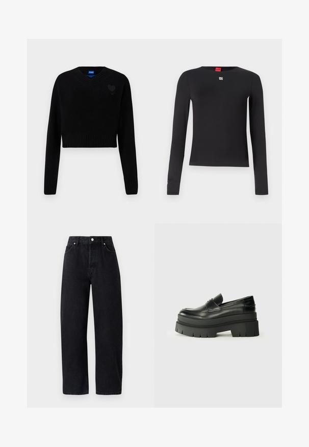 Pull noir court avec un col en V, ourlet côtelé et manches longues. Présente un petit détail en forme de cœur texturé sur la poitrine. Fabriqué en matériau doux.; Chemise noire à manches longues en tissu lisse. Présente un col ras du cou et un petit logo argenté sur la poitrine. Design minimaliste.; Jean en denim noir taille haute et jambe droite, avec cinq poches, rivets en métal et coutures ton sur ton. Texture lisse, design minimaliste.; Mocassins en cuir noir avec une semelle plateforme épaisse. Bout arrondi, détail de couture sur le devant et accents de surpiqûres subtils. Semelle plate et texturée.