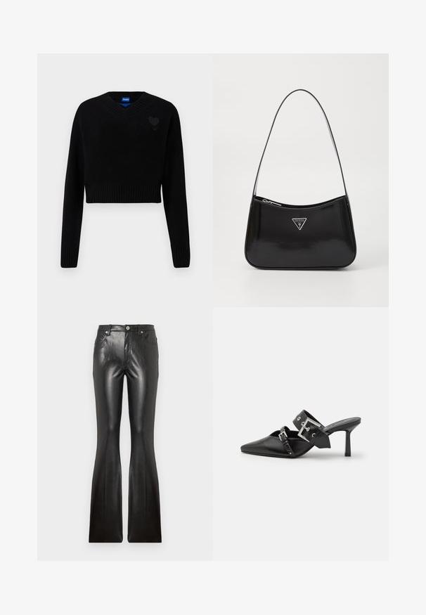Schwarzer, kürzer geschnittener Pullover mit V-Ausschnitt, geripptem Saum und langen Ärmeln. Mit einem kleinen strukturierten Herzdetail auf der Brust. Hergestellt aus weichem Material.; Schwarze Leder-Hosen mit weitem Bein, die über eine glatte Textur, fünf Taschen, einen Frontknopfverschluss und eine schmale Silhouette an den Oberschenkeln verfügen.; Schwarze High-Heel-Mules mit spitzem Zeh aus glattem Leder. Mit einem breiten Knöchelriemen, der eine quadratische silberne Schnalle und Nieten aufweist.; Schwarze patentierte Leder-Schultertasche mit geschwungener Form, ausgestattet mit einem silbernen Dreieckslogo und einem Reißverschluss. Glatte Textur und schmaler Riemen.