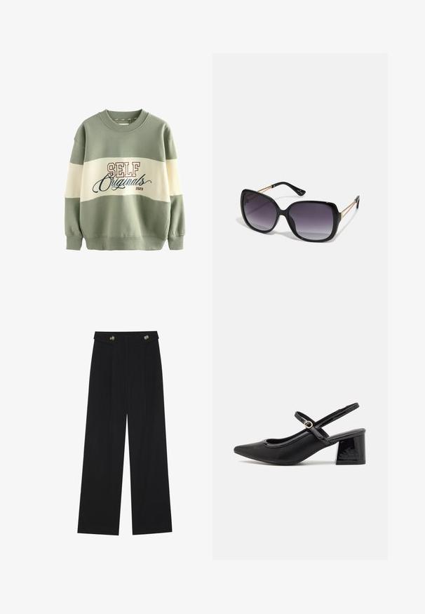 Felpa verde e crema, con scollatura rotonda, polsini a coste e scritta 'SELF Originals 2023' in borgogna e blu.; Pantaloni neri a gamba larga con vita alta, dettagli con bottoni in vita e pieghe frontali.; Décolleté in vernice nera con cinturino dietro, punta affusolata, design con ritagli arrotondati e tacco a blocco. Presenta un accento di fibbia tono oro.; Occhiali da sole neri oversize con lenti sfumate, montatura spessa e dettagli in catena dorata sulle astine.